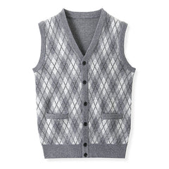 Men's Diamond Pocket Cardigan Knitted Sleeveless Sweater Vest