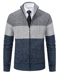 Men's Stand Collar Color Matching Plus Velvet Thickened Knitted Jacket