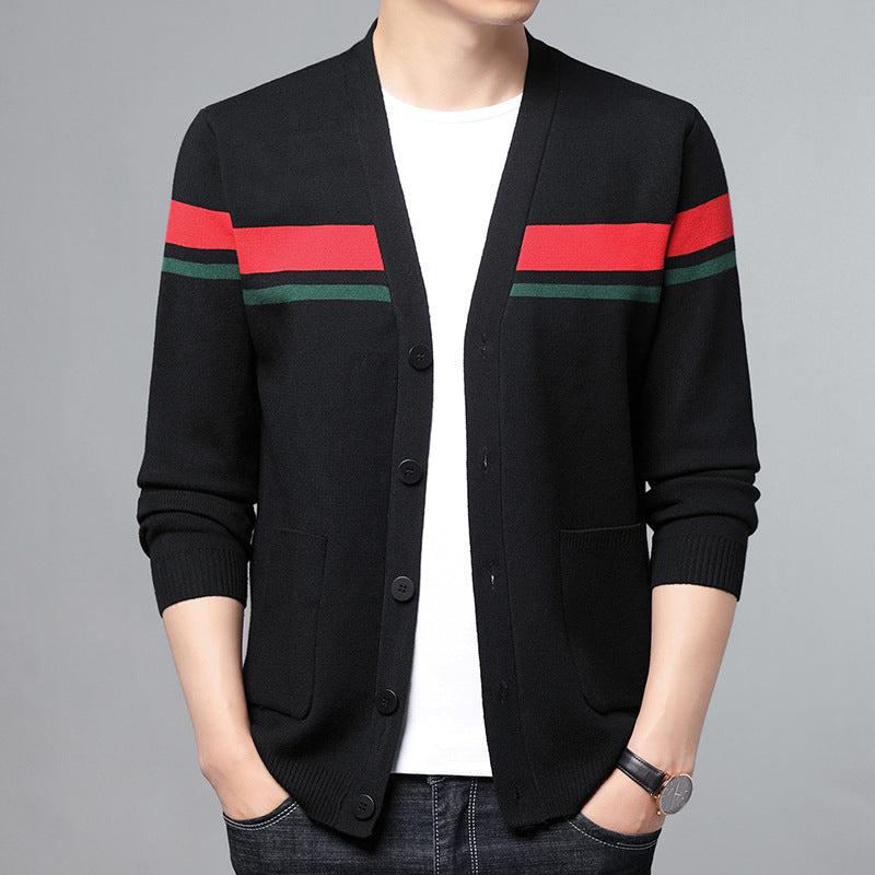 Men's V-neck Striped Wool Cardigan