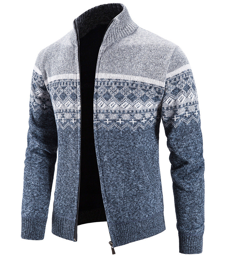 Thickened stand-up collar color-blocked retro jacquard knitted cardigan