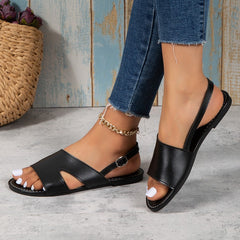 Solid color round toe buckle strap casual sandals for women