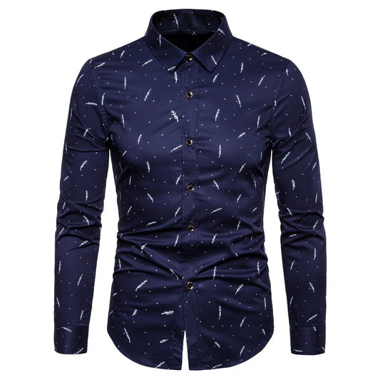 Men's Feather Print Business Slim Long Sleeve Shirt