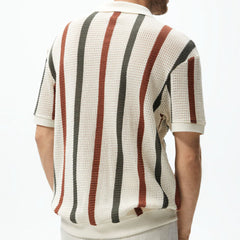 Hollow Knitted Striped Contrast Color Casual Polo Shirt