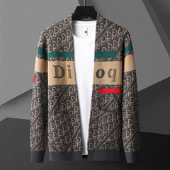 V-neck colorblock letter jacquard knitted cardigan sweater