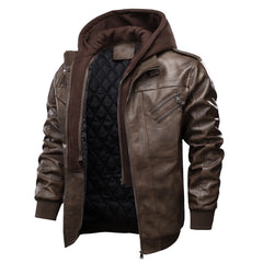 Men's Casual Warm Thick Hooded Leather Jacket