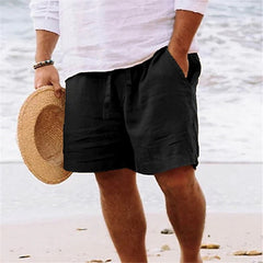 Men's Solid Color Drawstring Breathable Beach Pants Cotton and Linen Sports Casual Shorts