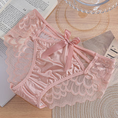 Satin Sexy Breathable Lace Bowknot Hollow Low-Rise Briefs