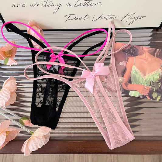 Sexy Low Waist Lace Bowknot Cross Strap Seamless Thong