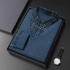 Men's Fake Two Piece Wool Silk Slim Fit Plaid Shirt