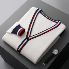 Men's Winter V-neck Striped Wool Cardigan