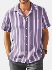 2024 Men's Casual Fashion Striped Contrast Color Short Sleeve Shirt