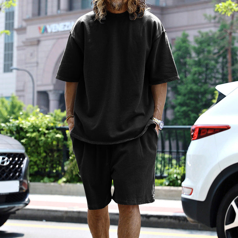 Men's Large Size Casual Loose Short-sleeved Solid Color Suit