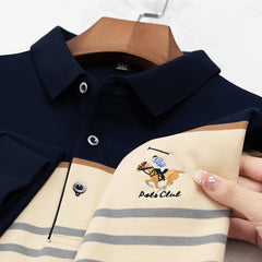 Men's Pure Cotton Striped Lapel Versatile Long-sleeved POLO Shirt