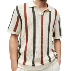 Hollow Knitted Striped Contrast Color Casual Polo Shirt