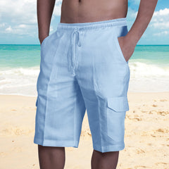 2024 Men's New Linen Multi-Pocket Drawstring Beach Shorts