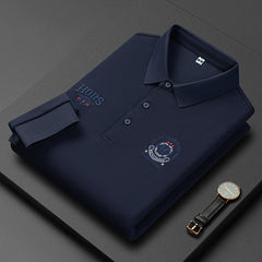 Men's Long Sleeve Lapel Embroidered Silk Cotton POLO Shirt