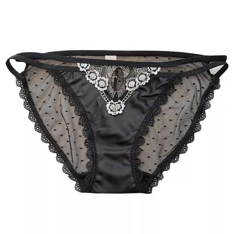 Tie-strap hollow satin low waist mesh transparent briefs