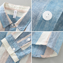 Men's Striped Color Block Linen Casual Long Sleeve Shirt