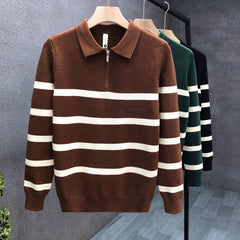 2023 New Men's Half Zipper Striped High-end Knitted Polo Shirt