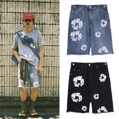 Men's Kapok Denim Shorts White Garland Printed Cropped Pants