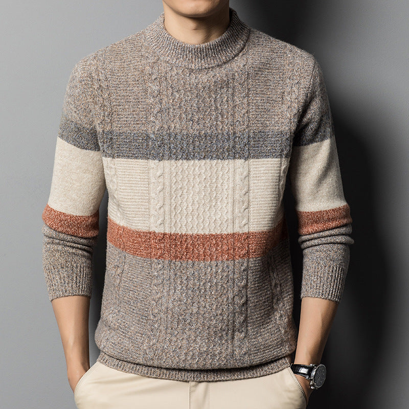Men's 100% Pure Wool Half Turtleneck Thick Jacquard Sweater