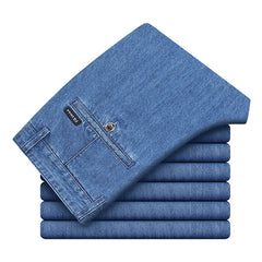 Men's Pure Cotton Thin High Waist Slim Straight Business Casual Jeans