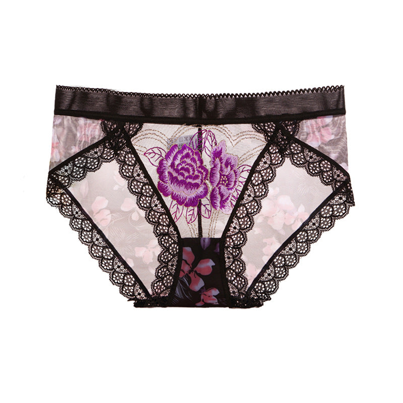 Lace mesh embroidered transparent panties