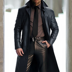 2024 New Men's Long Lapel Leather Trench Coat