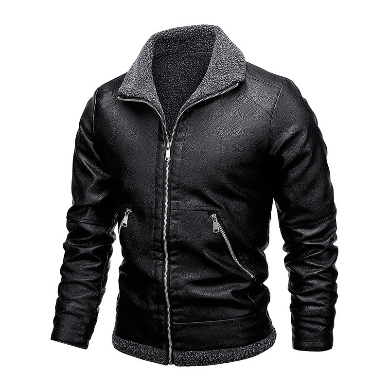 Men's New Lapel Plus Fleece Leather Jacket