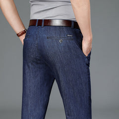 Men's Pure Cotton Thin High Waist Slim Straight Business Casual Jeans