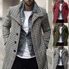Men's Fashion Lapel Single Breasted Plaid Trench Coat
