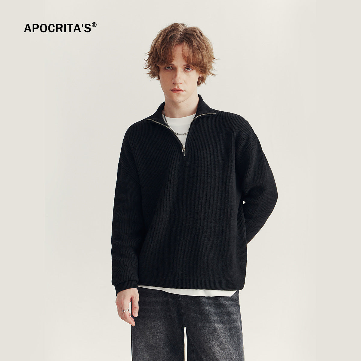 Loose fit half-zip lapel polo sweater