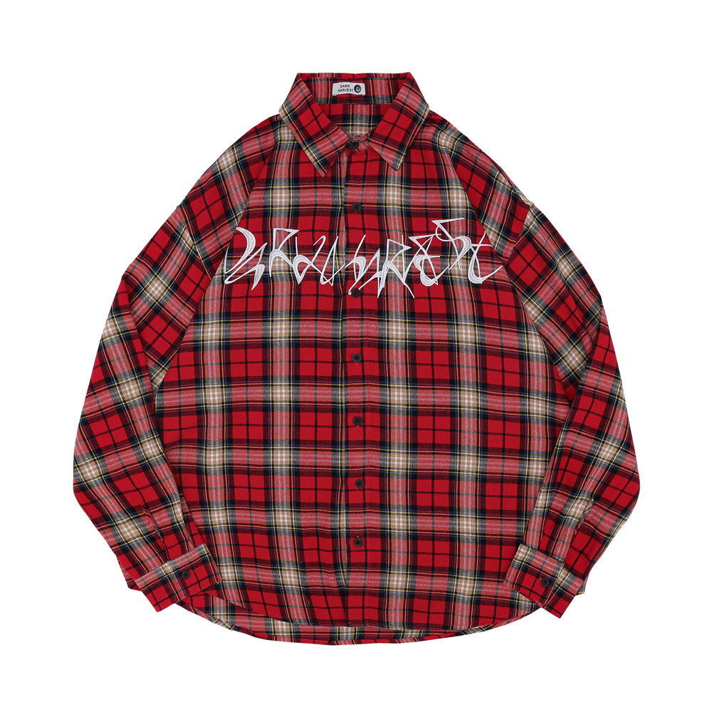 Men's Letter Embroidered Loose and Versatile Plaid Shirt