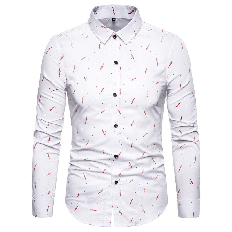Men's Feather Print Business Slim Long Sleeve Shirt