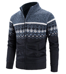 Thickened stand-up collar color-blocked retro jacquard knitted cardigan