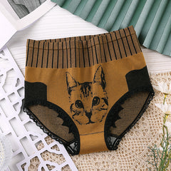 New Ladies High Waist Tummy Control Pure Cotton Lace Trim Kitten Print Panties