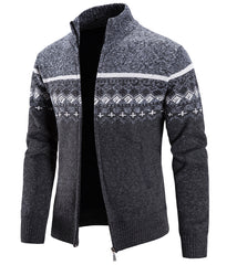 Thickened stand-up collar color-blocked retro jacquard knitted cardigan