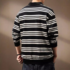 Men's Retro Striped Contrast Color Casual Long Sleeve Polo Shirt