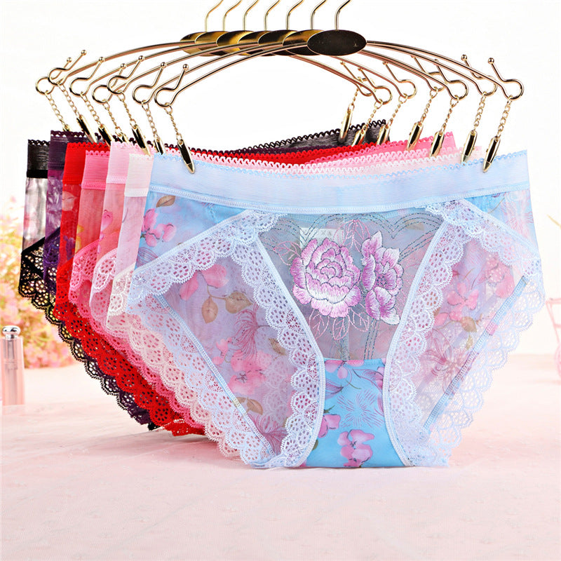 Lace mesh embroidered transparent panties