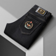 Men's Winter Thickened High-end Fashion Embroidered Stretch Straight Jeans