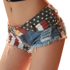 Low-rise Sexy Printed Ripped Denim Shorts