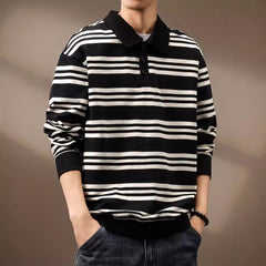 Men's Retro Striped Contrast Color Casual Long Sleeve Polo Shirt