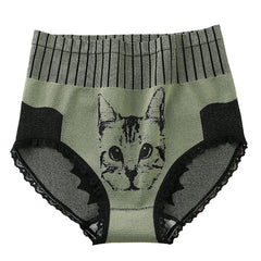 New Ladies High Waist Tummy Control Pure Cotton Lace Trim Kitten Print Panties