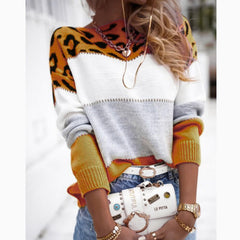 Color Block Leopard Print Crew Neck Casual Sweater