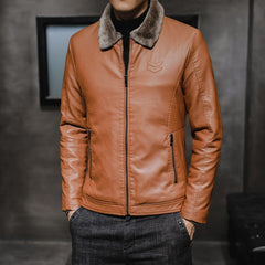 Men's Lapel Velvet Thickened Leather Jacket