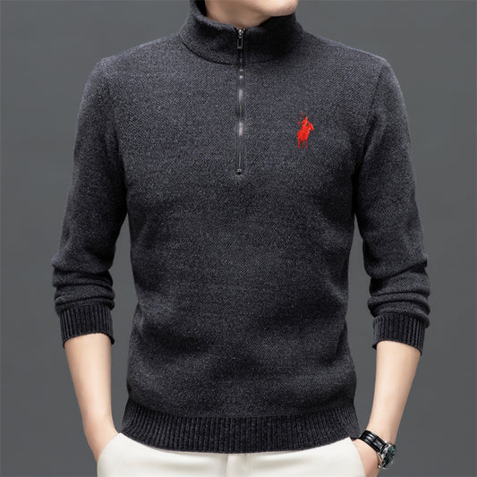 Half-zip high-neck solid color embroidered sweater