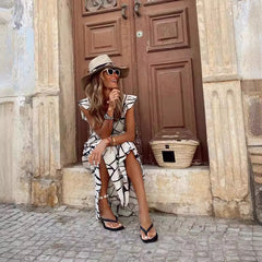 Geometric print V-neck ruffled long skirt