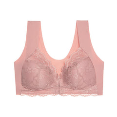 Large Size Front Button Push Up Lace Wireless Bra
