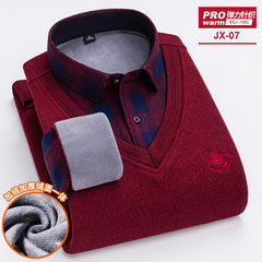 Men's Fake Two-piece Velvet Thickened Loose Casual Knitted Shirt