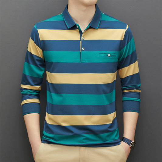 Men's long sleeve striped lapel casual polo shirt